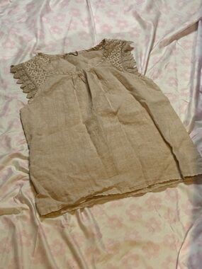Crochet Cap Sleeve Linen Top in Beige